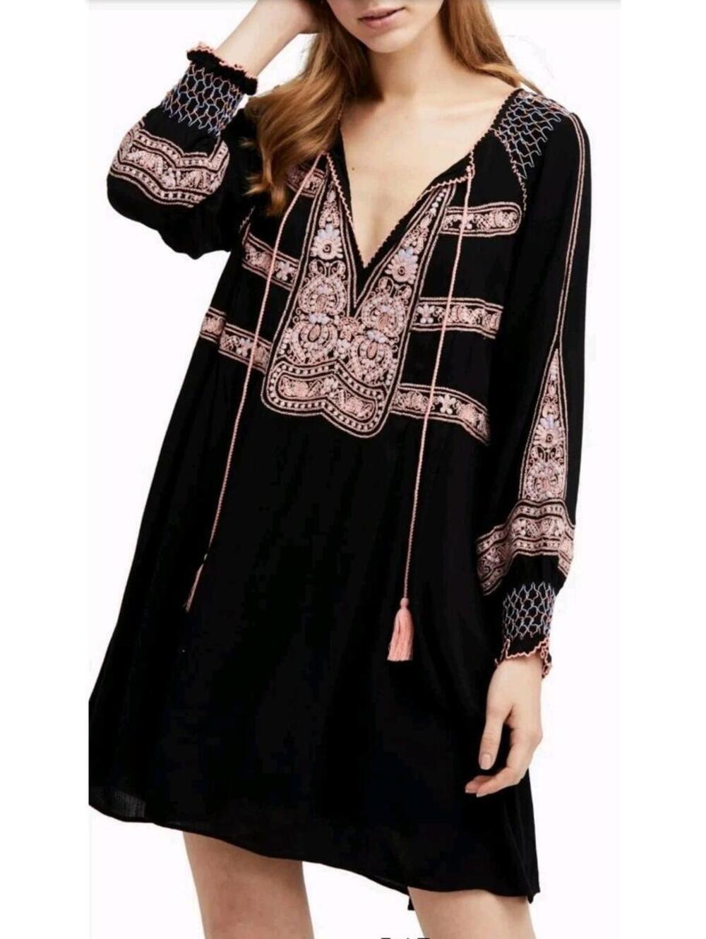 Free People Wind Willow Embroidered Boho V Neck Tassel Mini Dress Black XmS $128